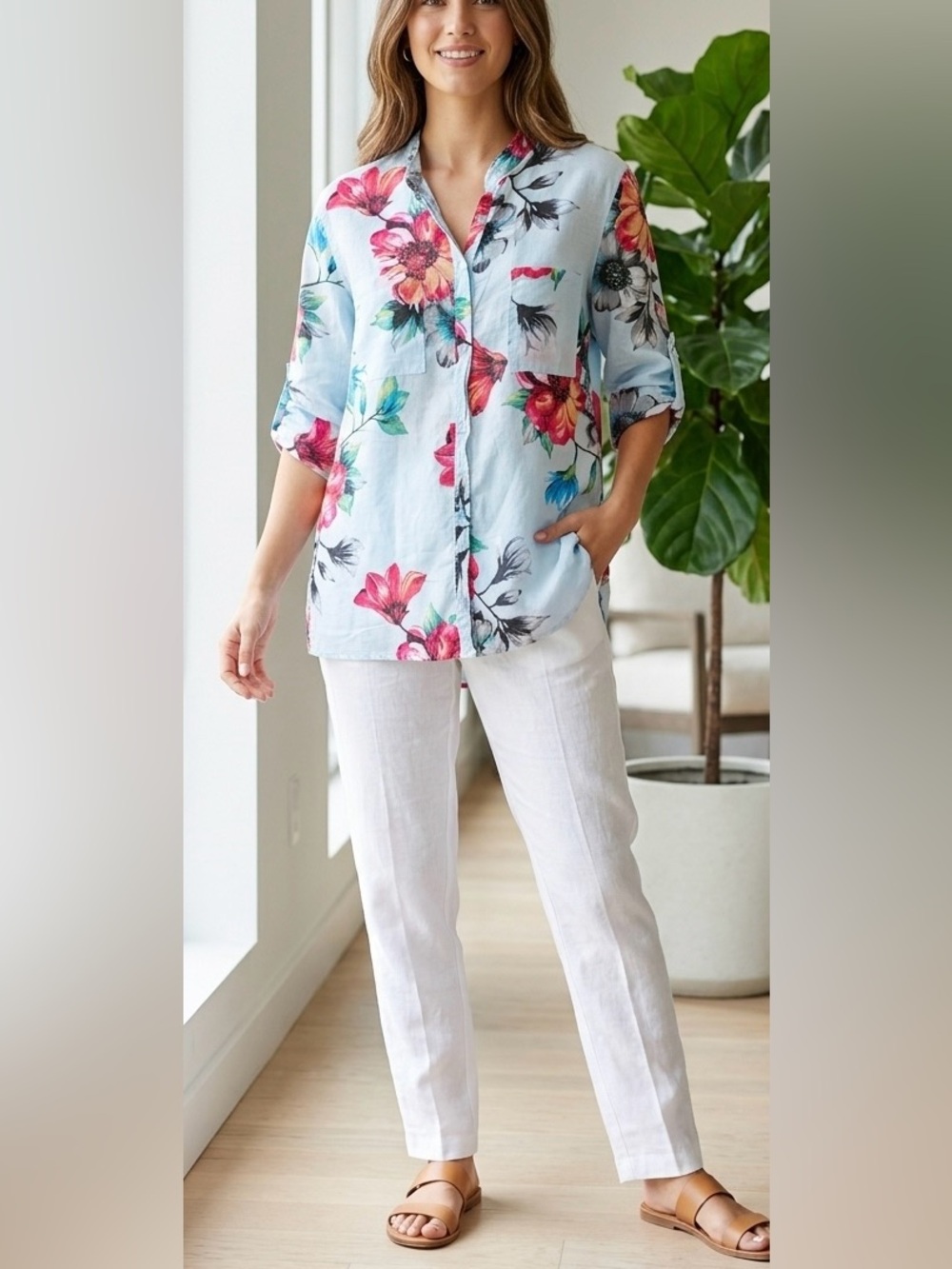 Cherishh Made in Italy Floral Button Up Tunic Top Convertible Sleeve Blue L XL